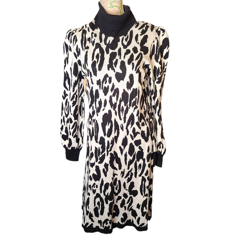 WHO WHAT WEAR Size Large Black White Leopard Print Turtleneck Sweater Dress NWT